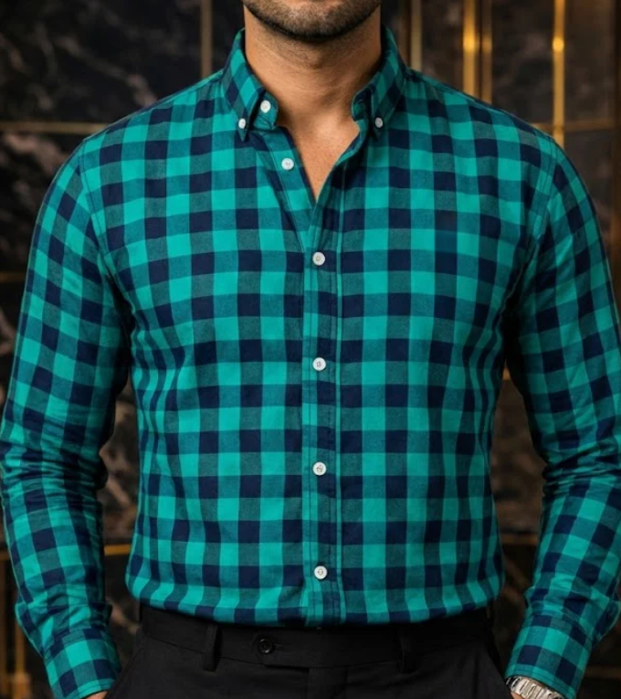 Camisa casual man black turquoise blue squares