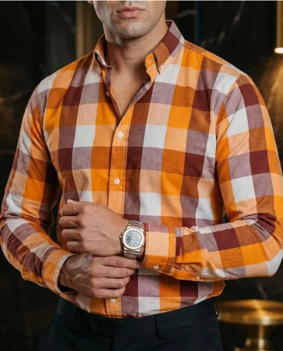 Camisa casual man yellow wine and white squares