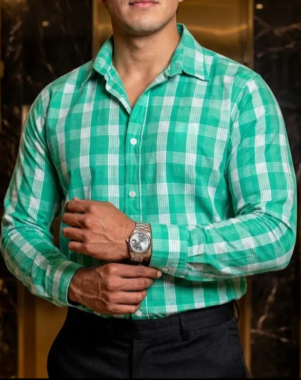 Camisa casual man green squares, white lines