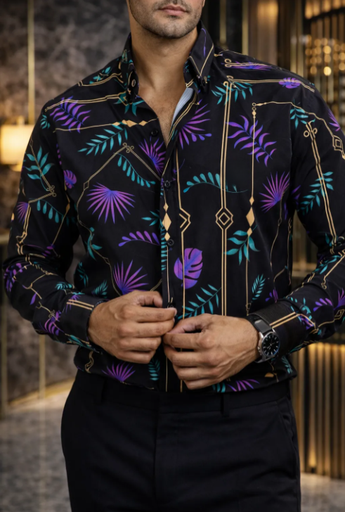 Camisa Slim man casual , black purple, green leaves