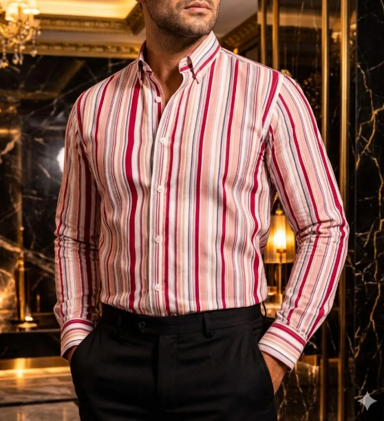 Camisa casual man white pink blue and black lines