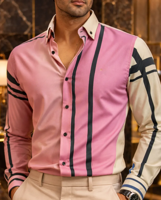 Camisa casual man yellow pink black rayas