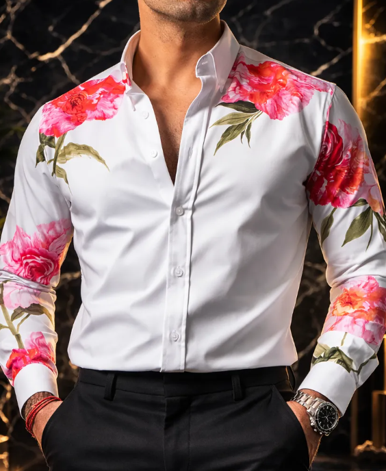 Camisa casual White with Pink Flowers para hombre