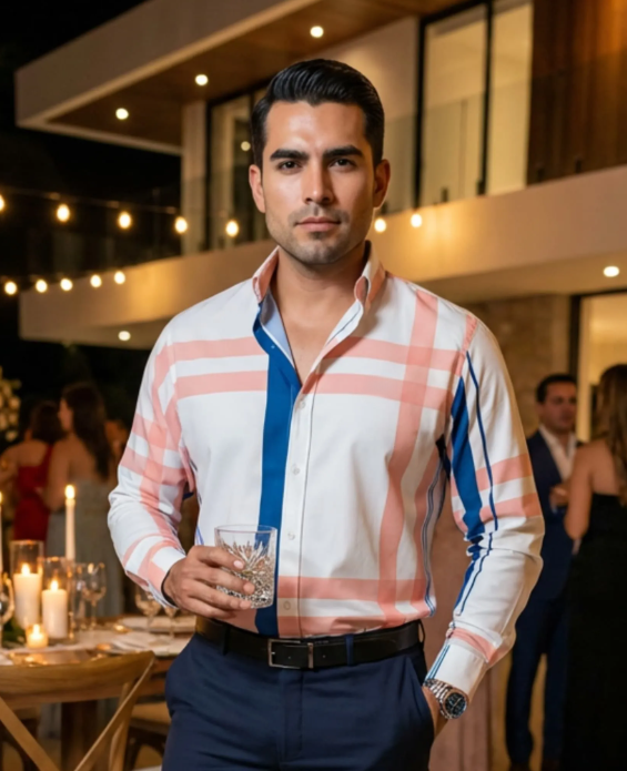 Camisa casual White with Blue and Melon rayas para hombre