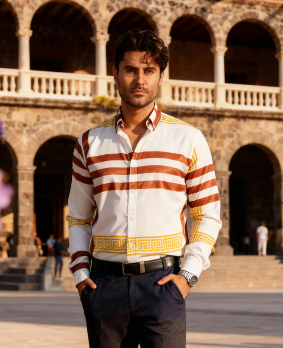 Camisa casual Ivory with Gold Greek-Style Embellishments para hombre