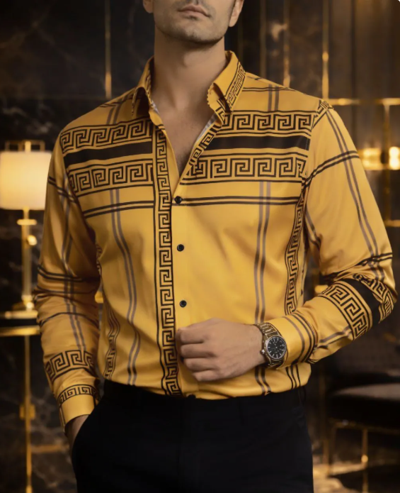 Camisa casual Mustard with Gray and Black Geometric Patterns para hombre