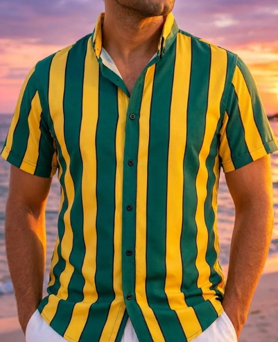 Casual Slim-Ficamiseta with Green and Yellow rayas para hombre