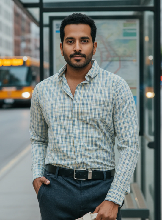 Camisa casual with Small Sky Blue, Black, and Yellow Check Pattern para hombre