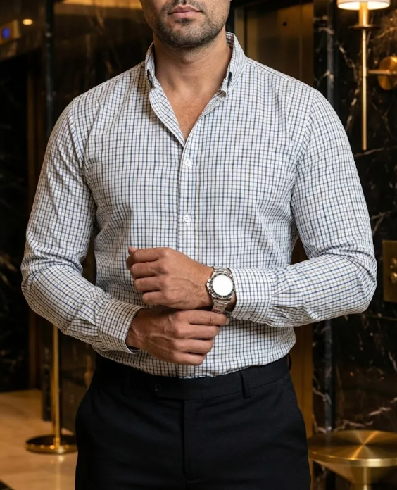 Camisa casual in Sky Blue, Brown, and Gray rayas para hombre