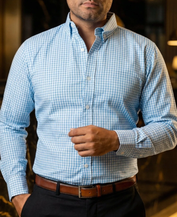Camisa casual Blue and White Mini-Check para hombre