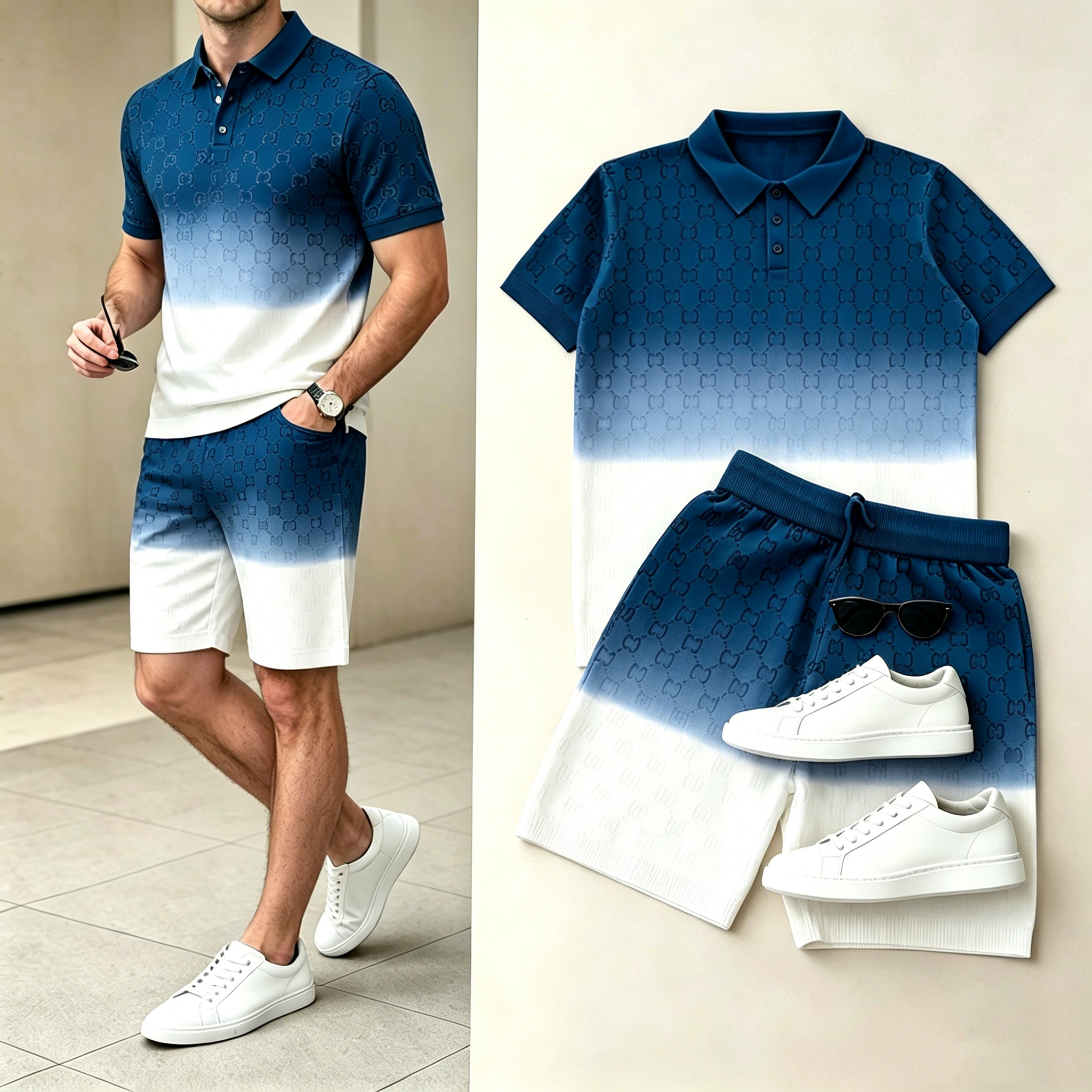 Conjunto de dos piezas casual Blue White Gradient camisa polo & shorts para hombre
