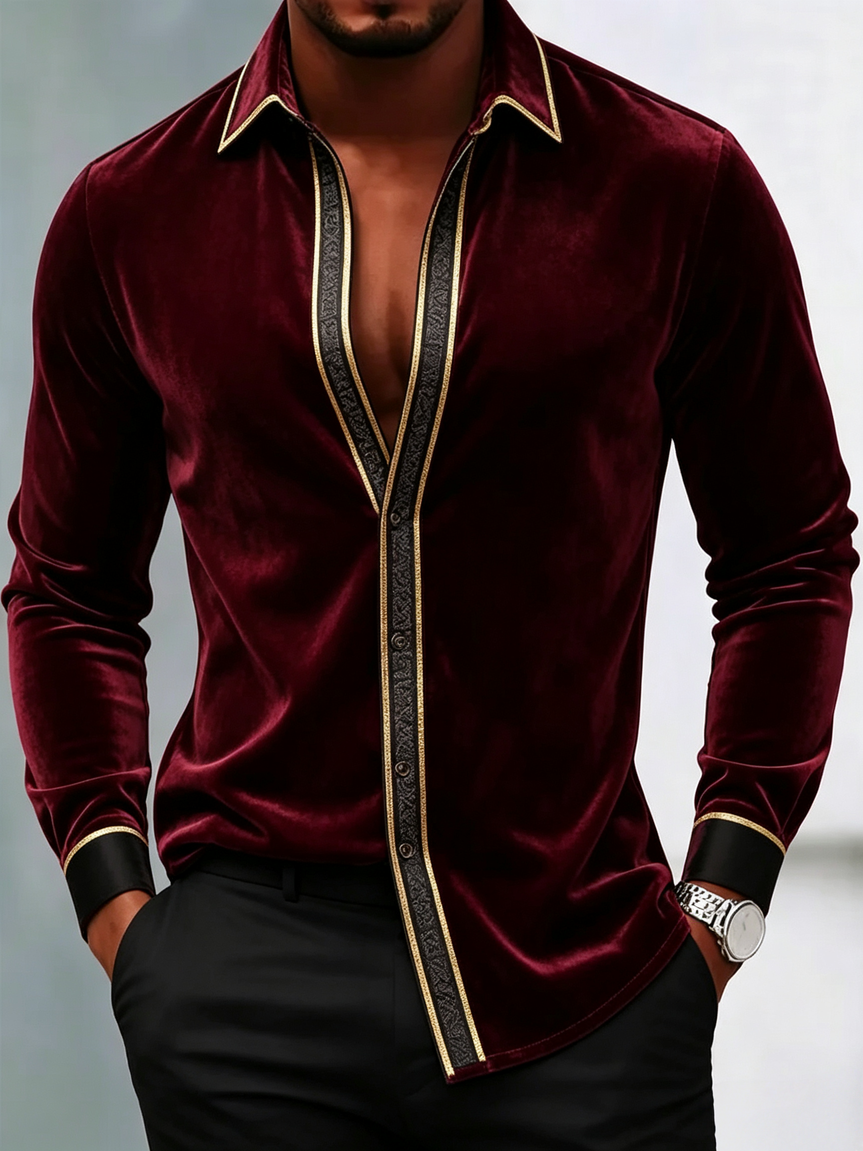 Camisa Wine Velvet de manga larga para hombre