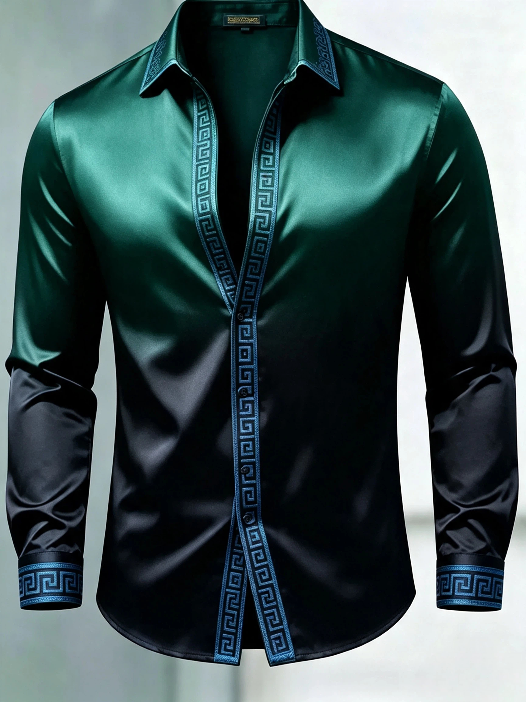 para hombre de lujo Glossy Satin de manga larga Gradient Green camisa de vestir