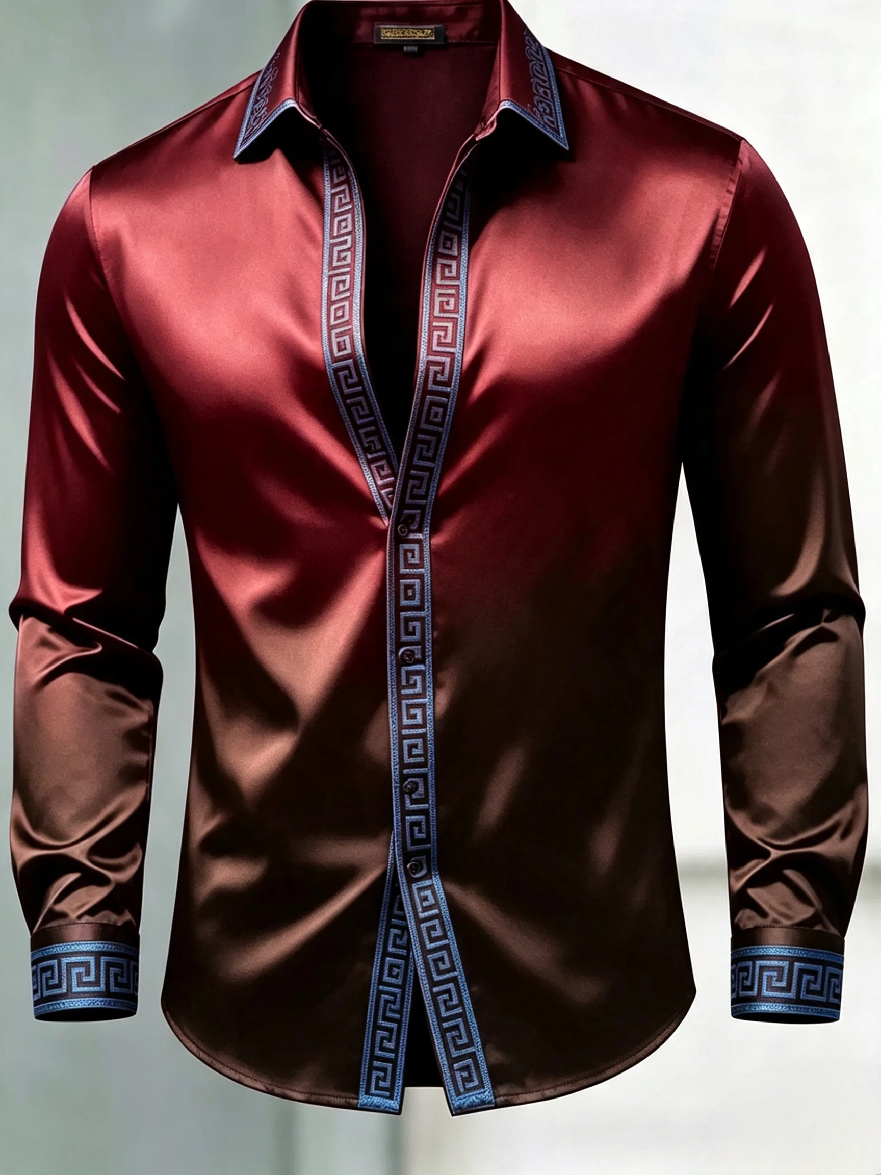 para hombre de lujo Glossy Satin de manga larga Gradient Burgundy camisa de vestir