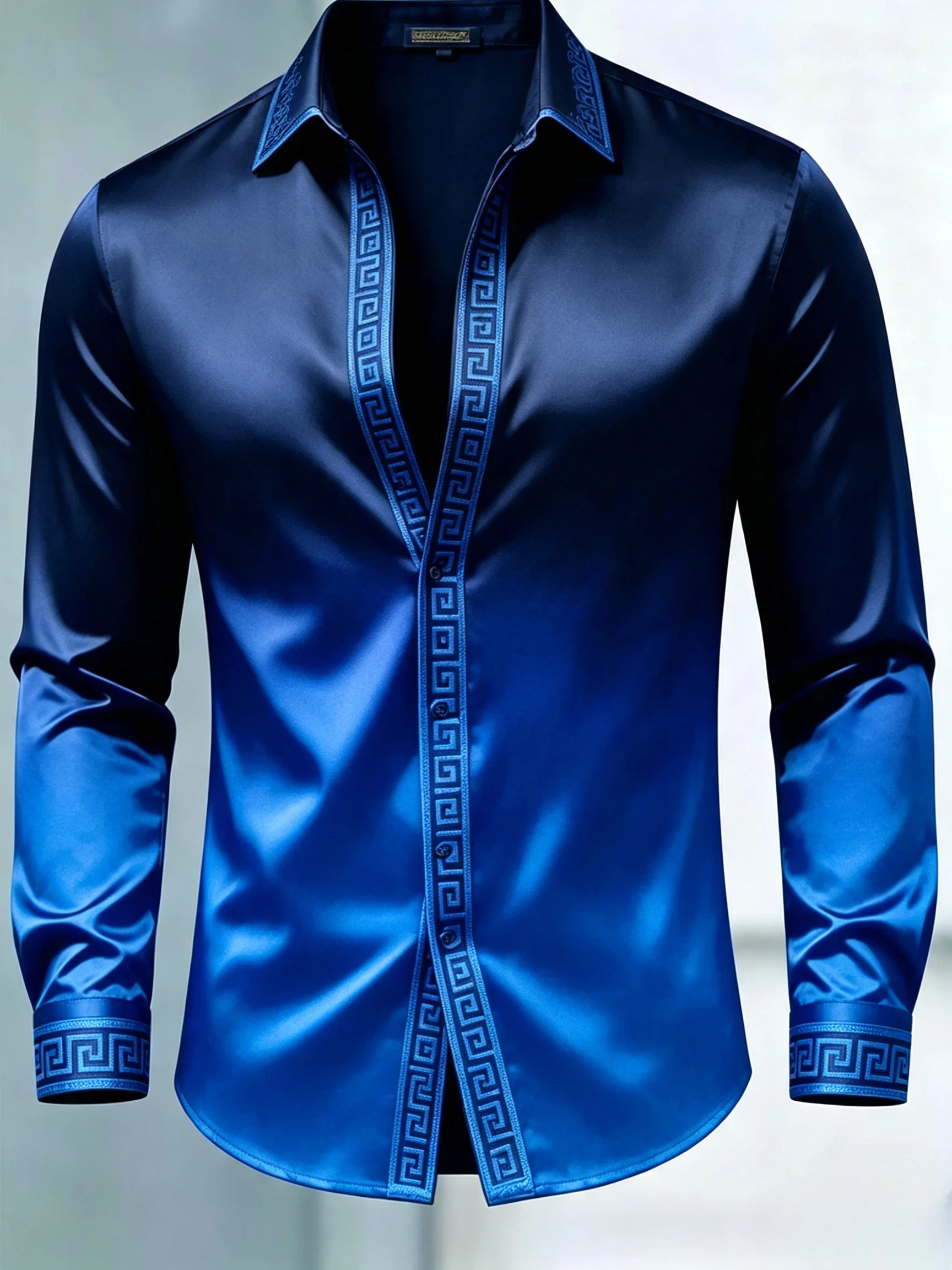 para hombre de lujo Glossy Satin de manga larga Gradient Royal Blue camisa de vestir