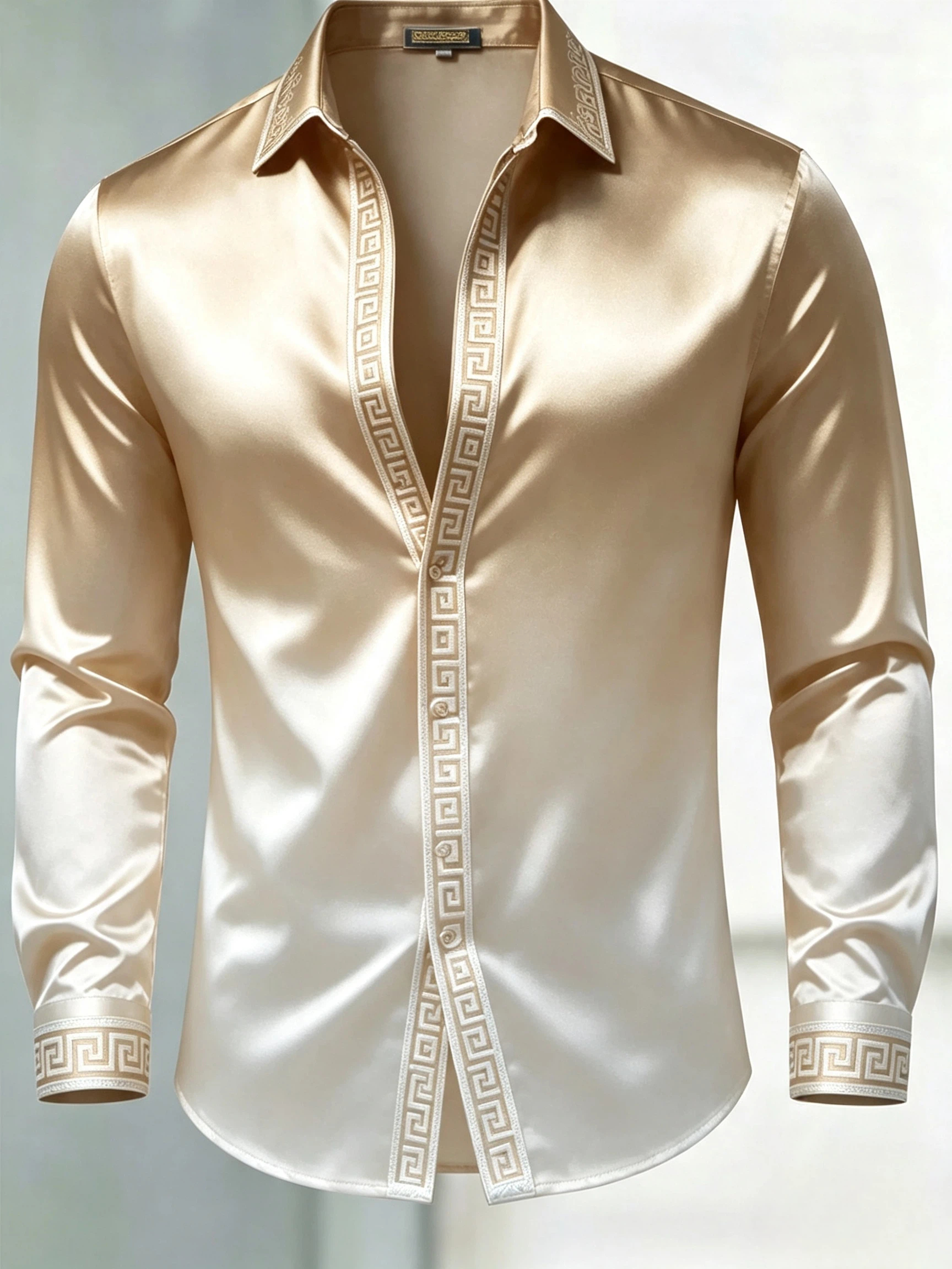 para hombre de lujo Glossy Satin de manga larga Gradient Champagne camisa de vestir