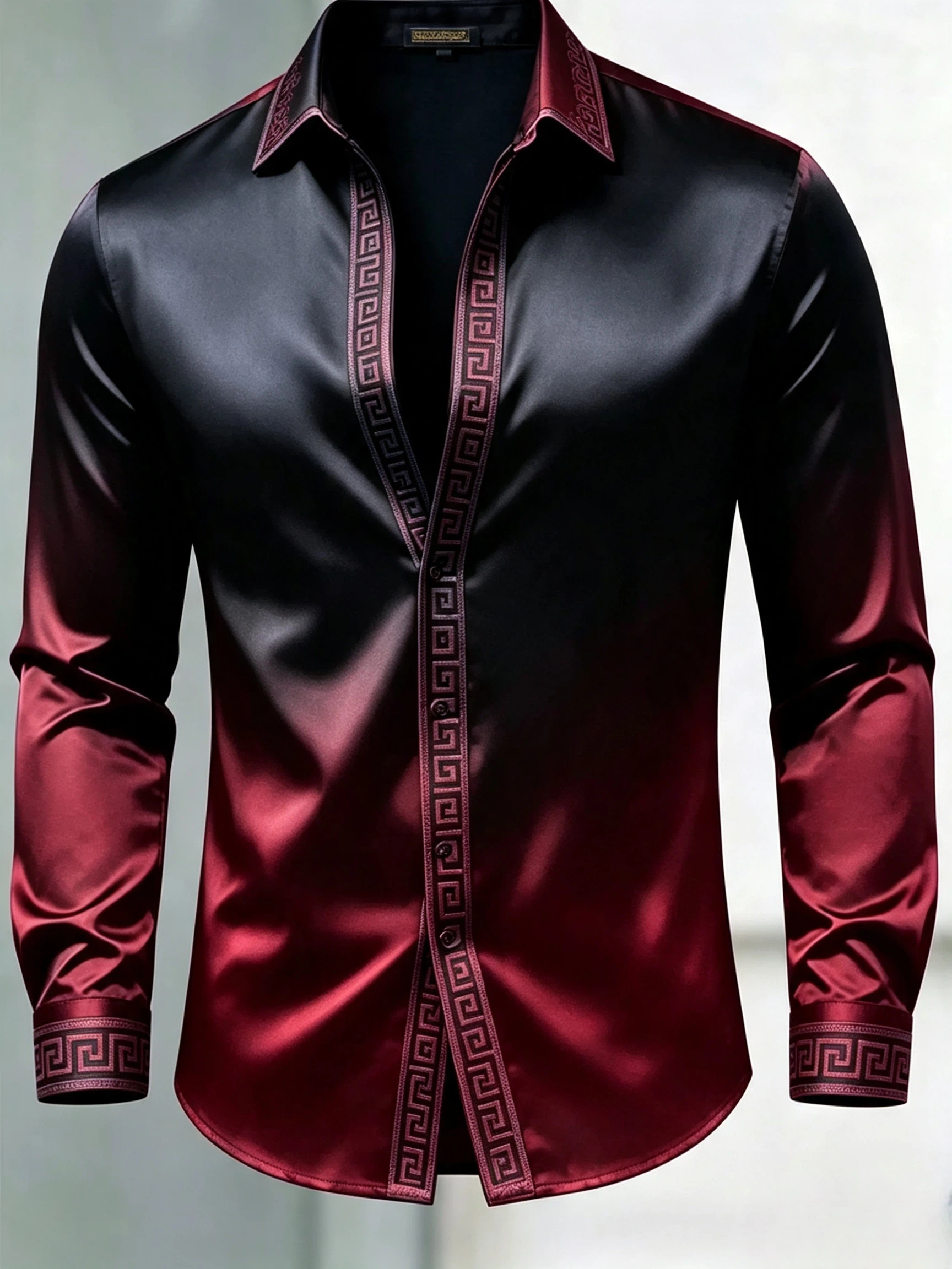 para hombre de lujo Glossy Satin de manga larga Gradient Black Red camisa de vestir