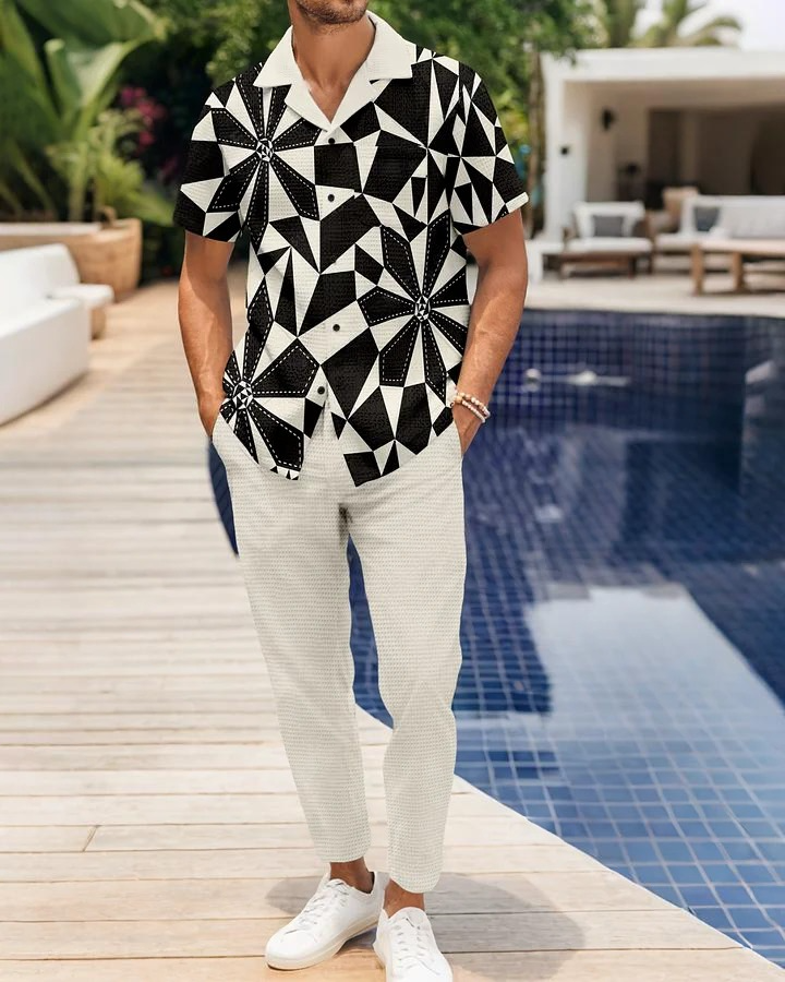 Camisa Colorblock estampado Waffle de manga corta pantalón Walking Suit 1738 para hombre
