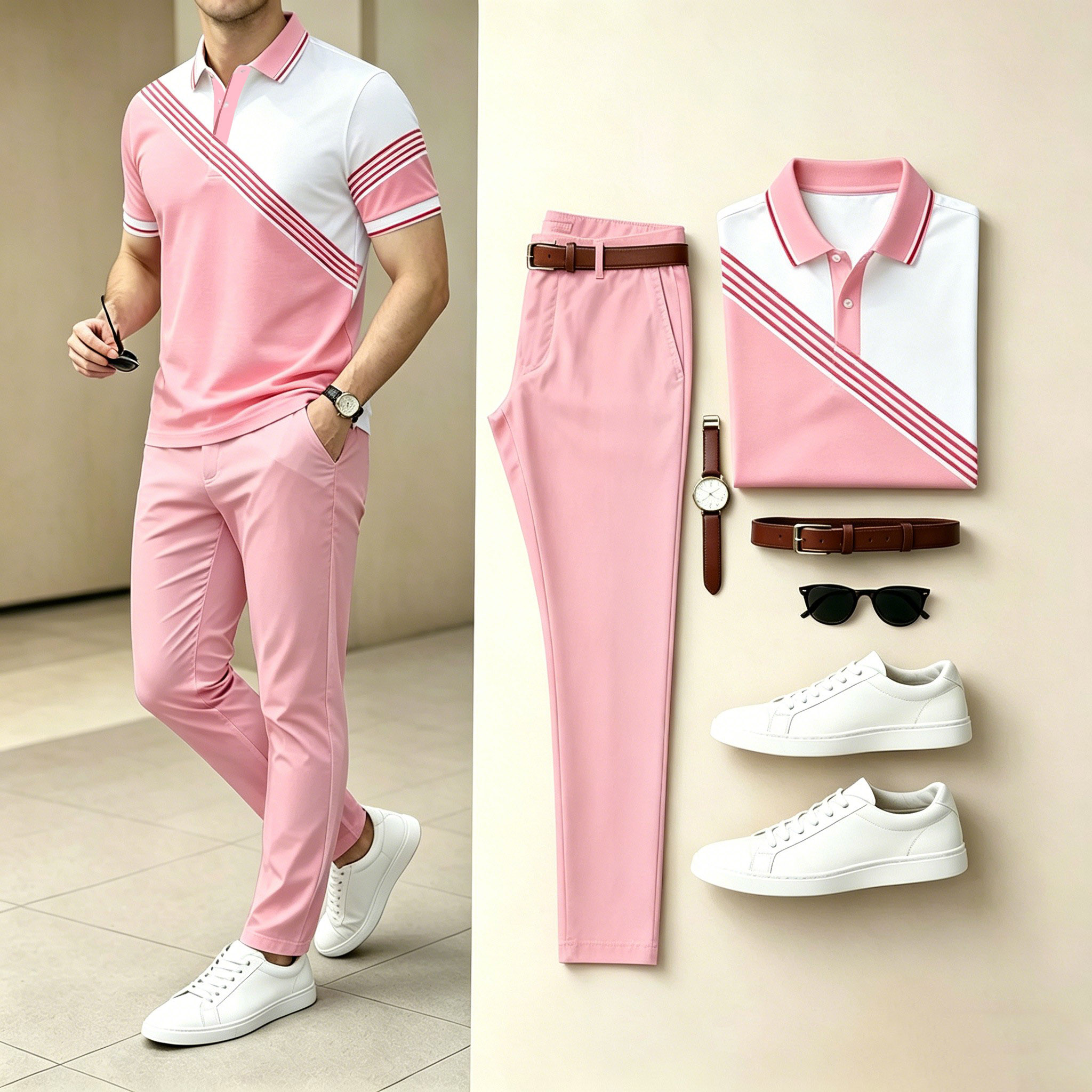 Conjunto de dos piezas casual Pink White Diagonal rayas camisa polo & Long pantalón para hombre