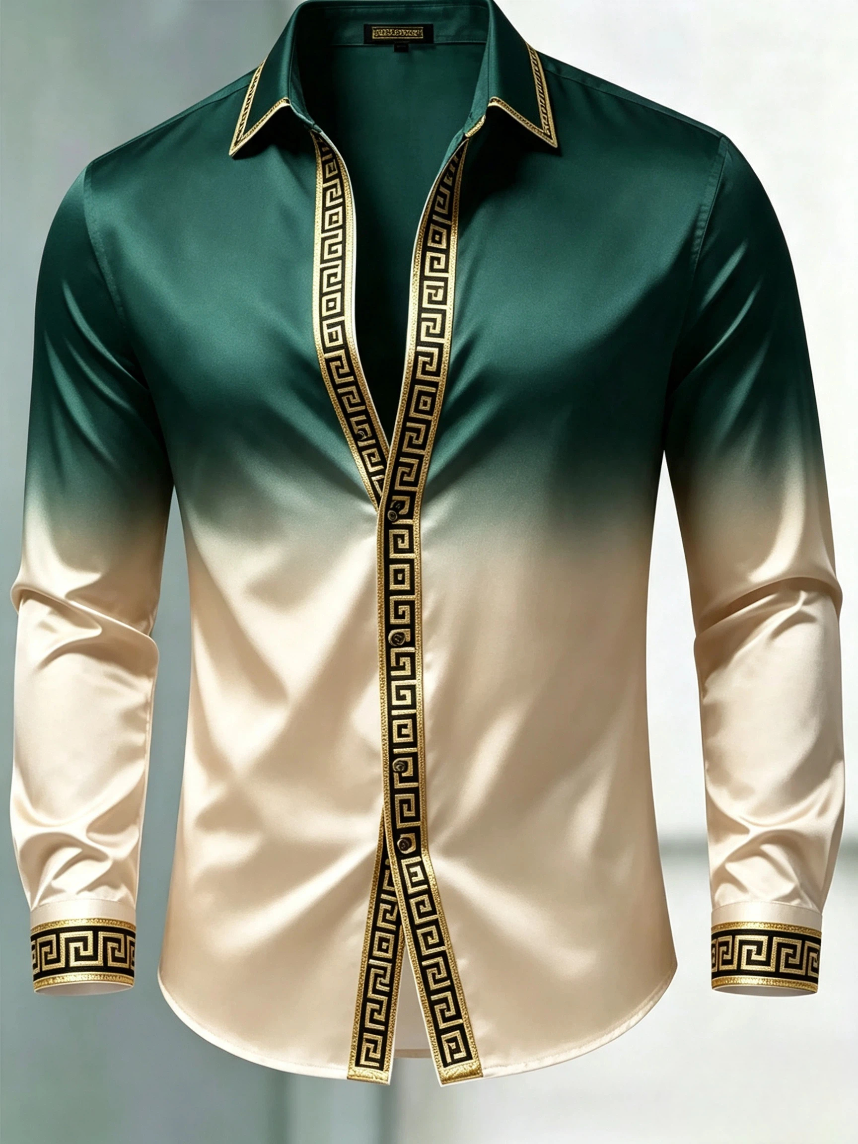 para hombre de lujo Glossy Satin de manga larga Gradient Green Champagne Dress