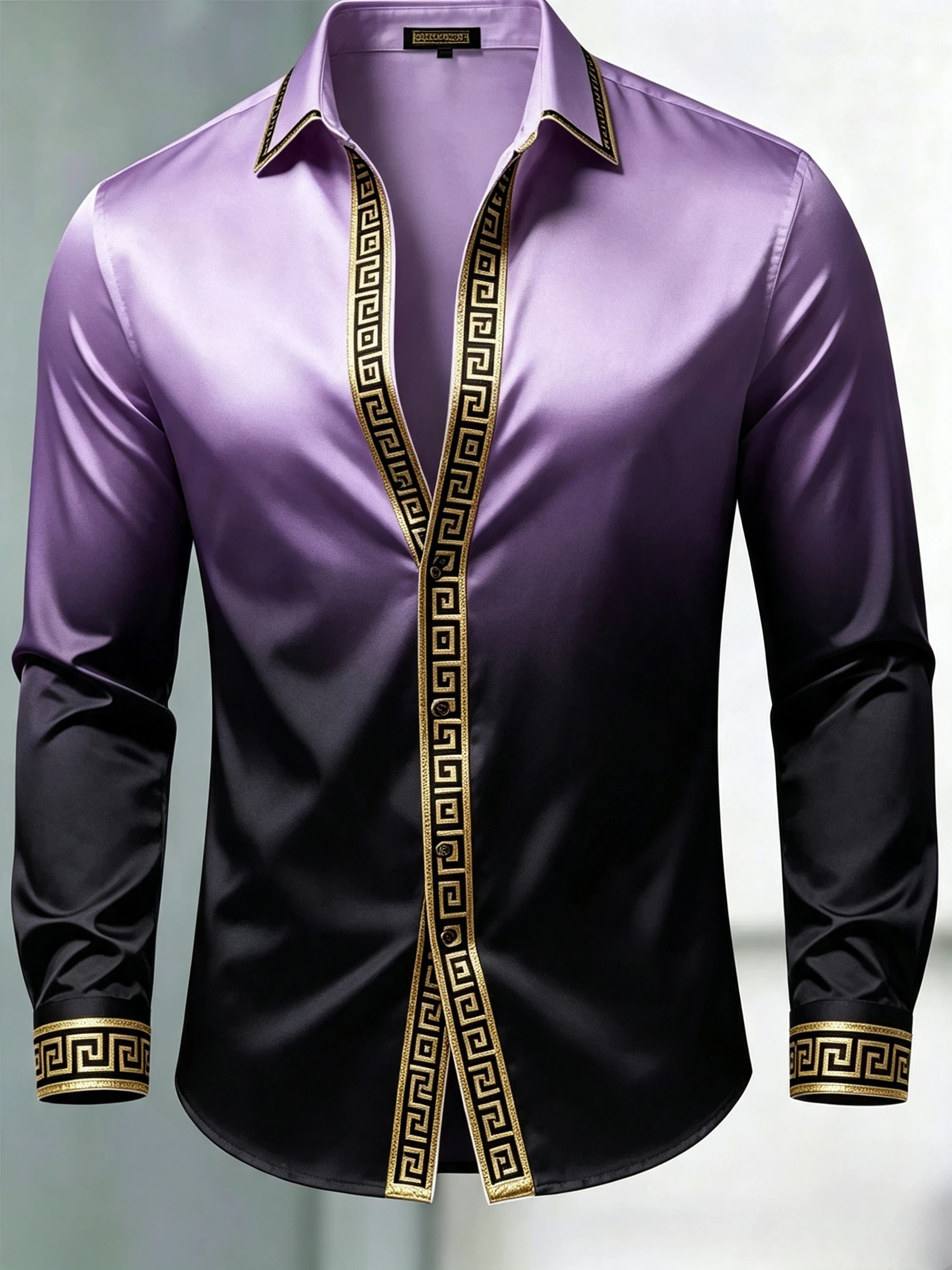 para hombre de lujo Glossy Satin de manga larga Gradient Purple Black camisa de vestir