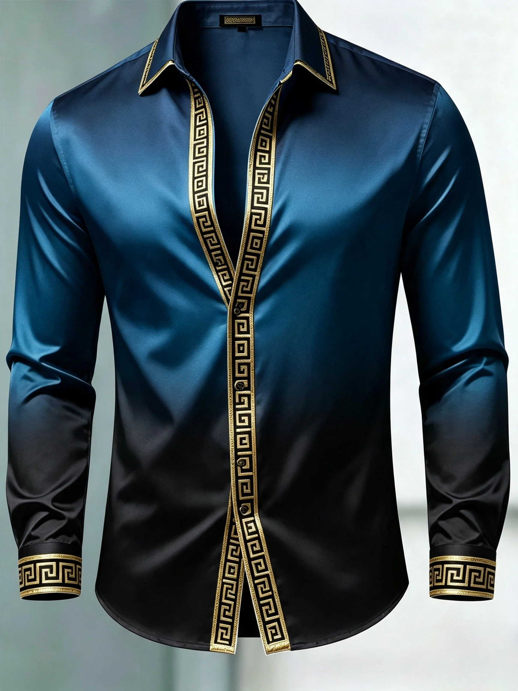 para hombre de lujo Glossy Satin de manga larga Gradient Teal Black camisa de vestir