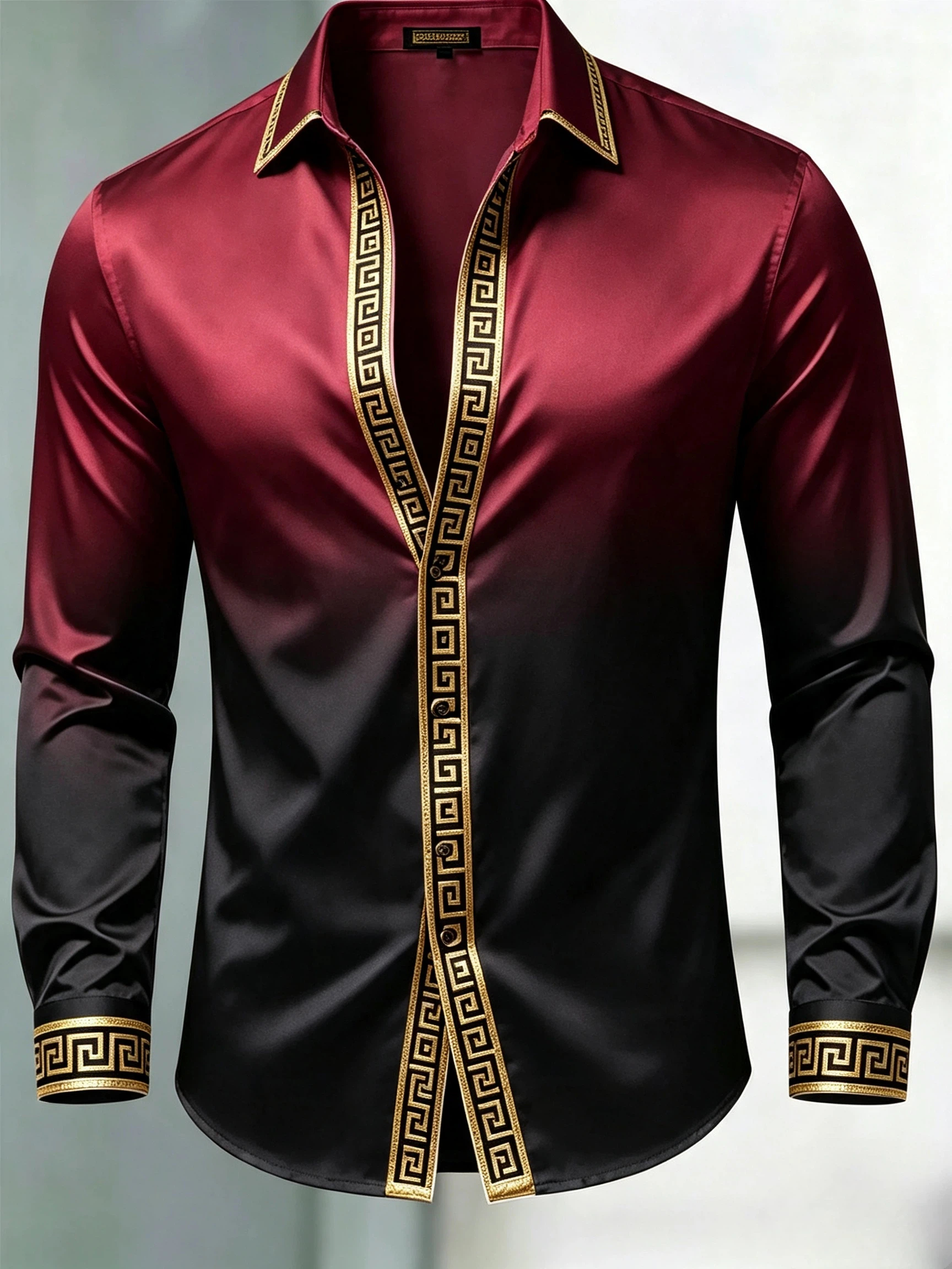 para hombre de lujo Glossy Satin de manga larga Gradient Burgundy Black camisa de vestir