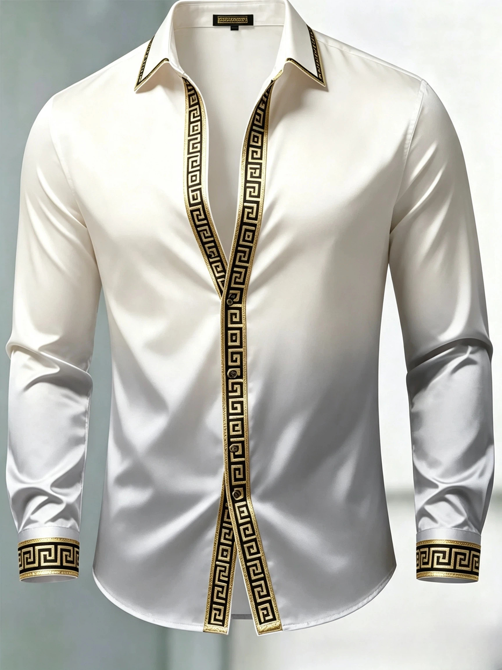 para hombre de lujo Glossy Satin de manga larga Gradient White Silver camisa de vestir
