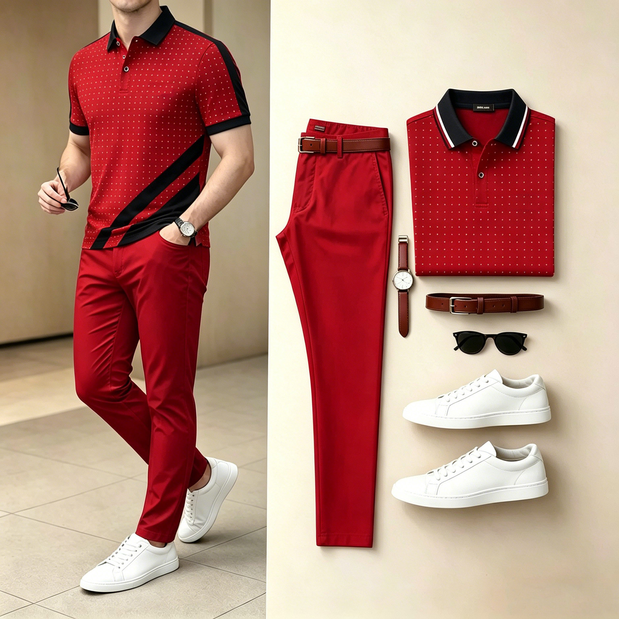 Conjunto de dos piezas casual Red Dot Diagonal en bloques de color camisa polo & Long pantalón para hombre
