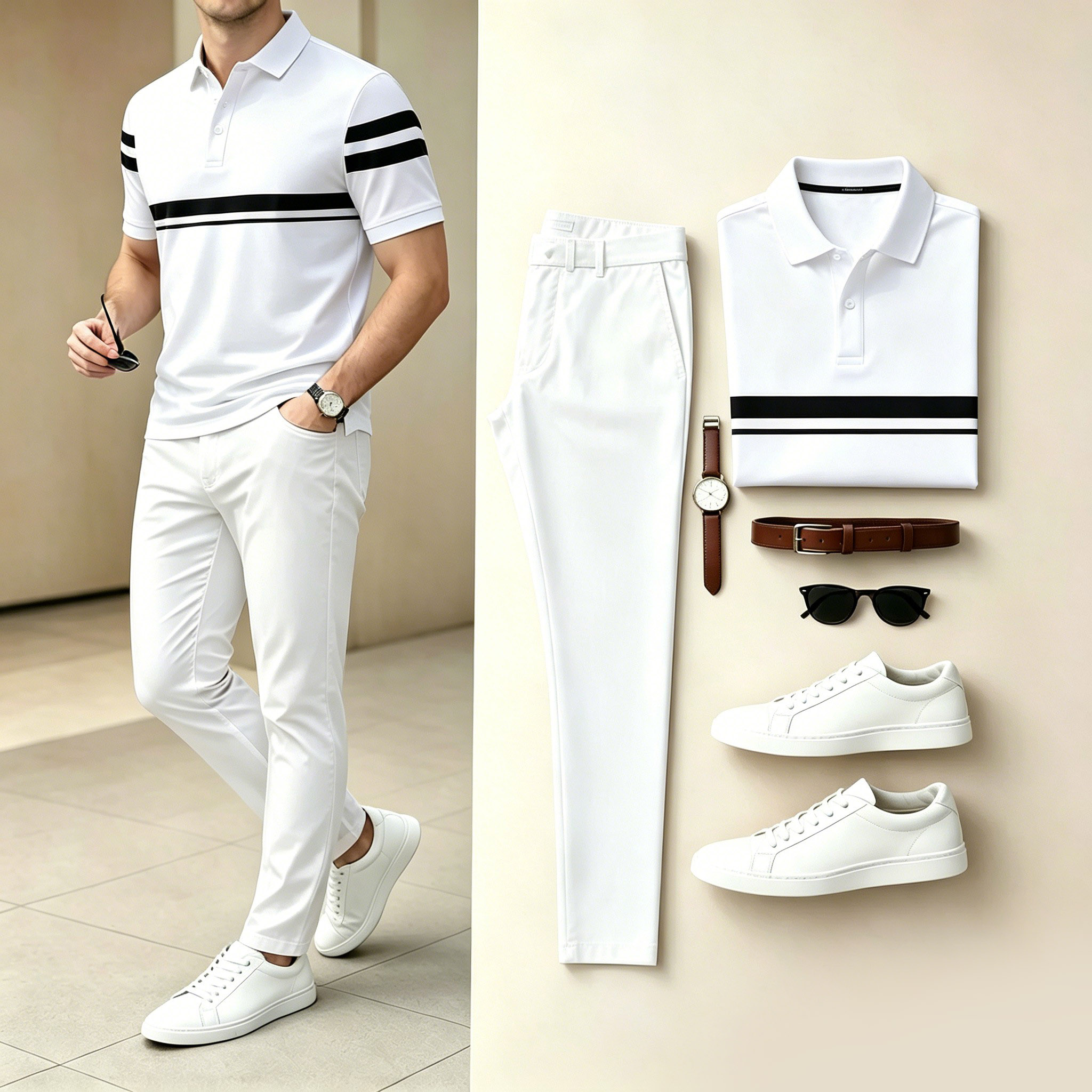 Conjunto de dos piezas casual White Black Horizontal rayas camisa polo & Long pantalón para hombre