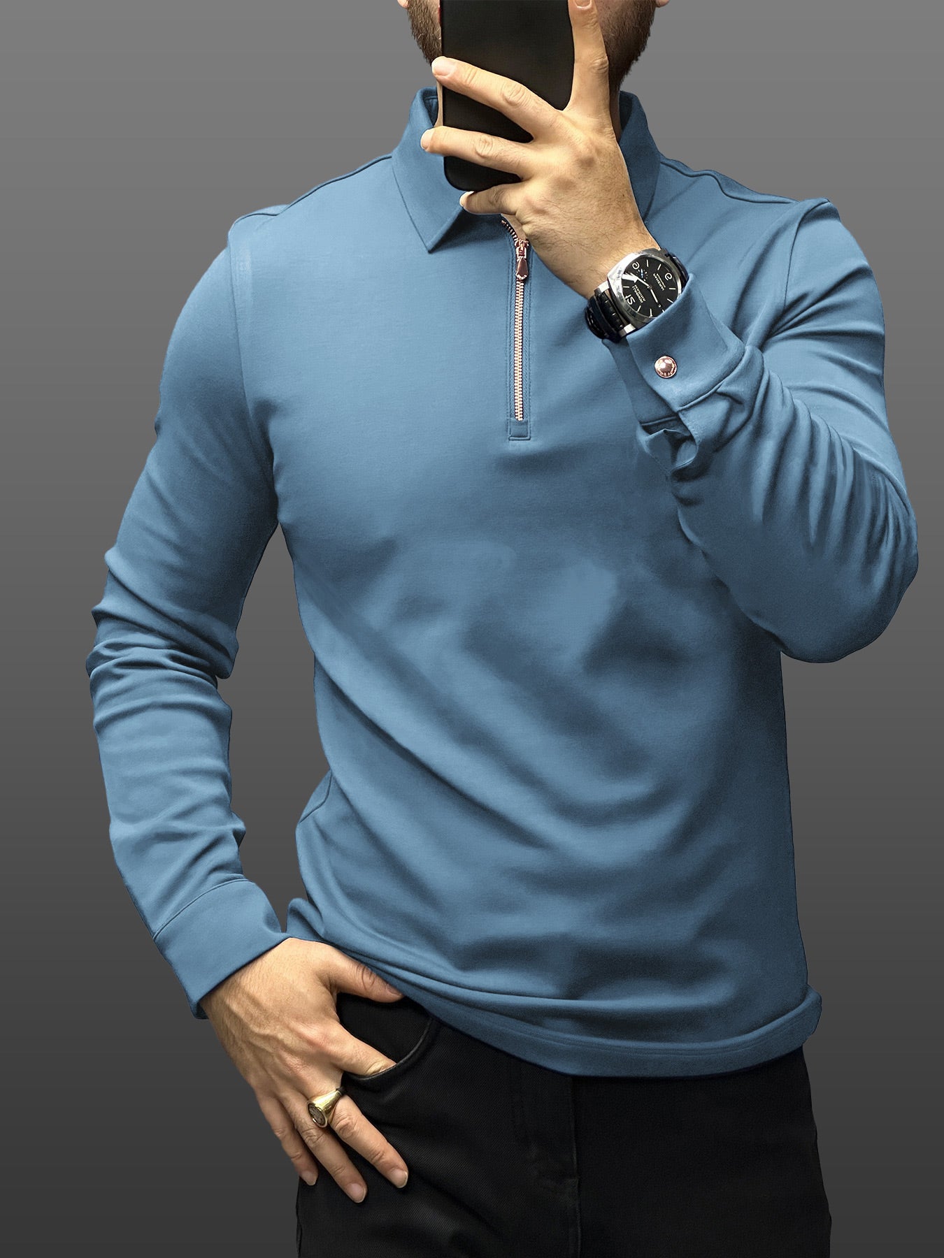 Modal Blend de manga larga Half Zip Polo
