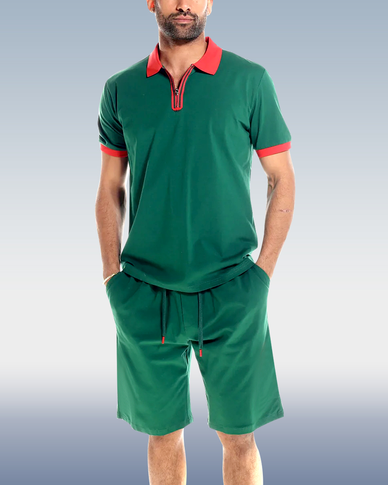 Camisa polo Green 2 Piece shorts Set para hombre