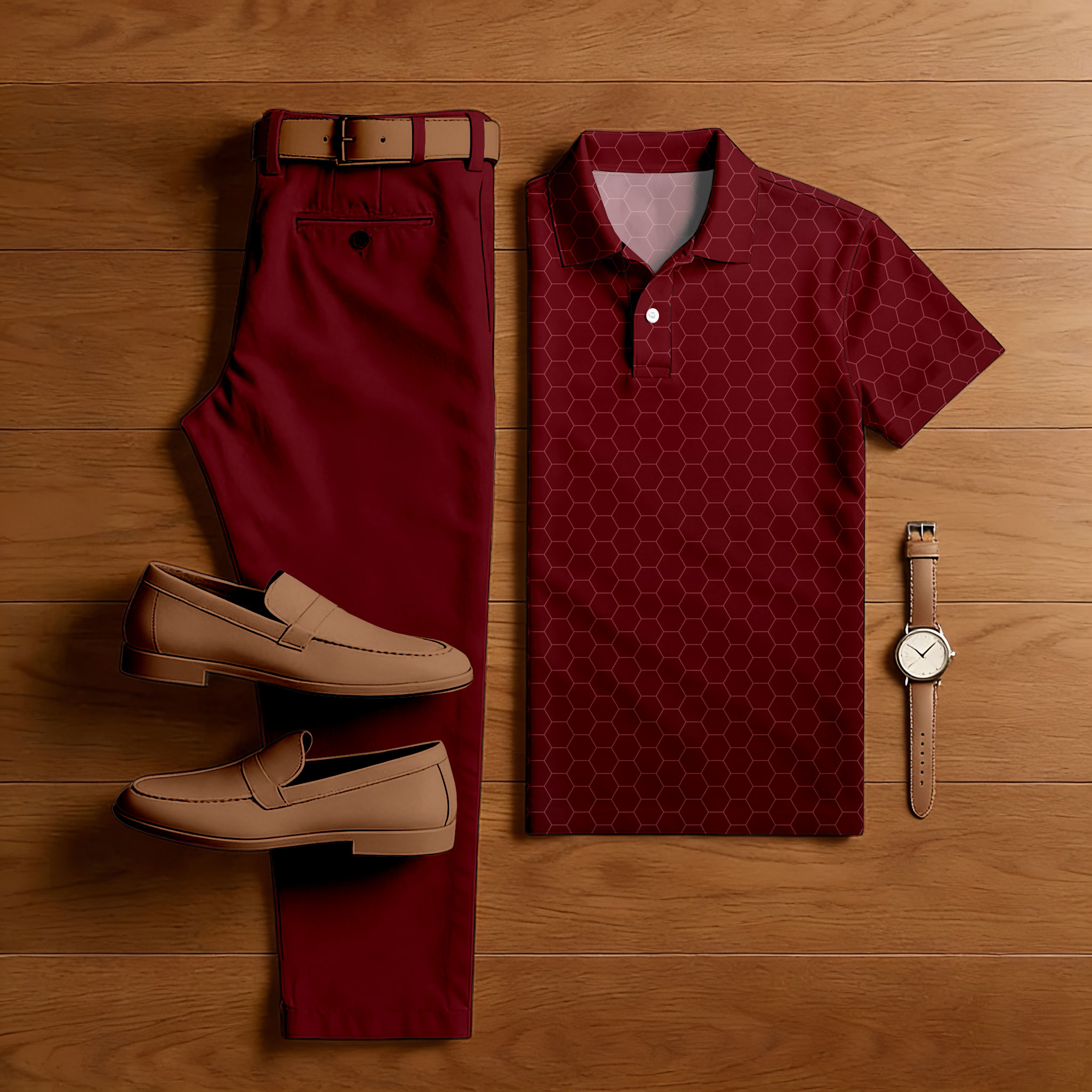Conjunto de dos piezas casual Maroon Color de manga corta camisa polo & Trousers para hombre
