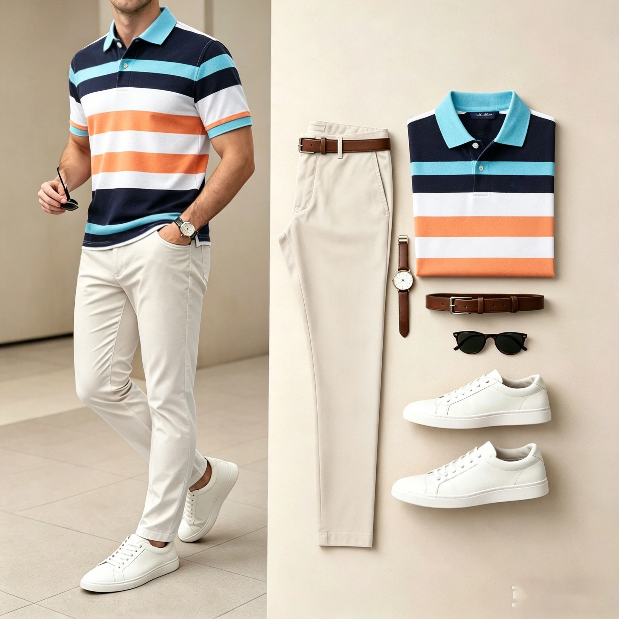 Conjunto de dos piezas casual Orange & Royal Blue estampado camisa polo And pantalón para hombre