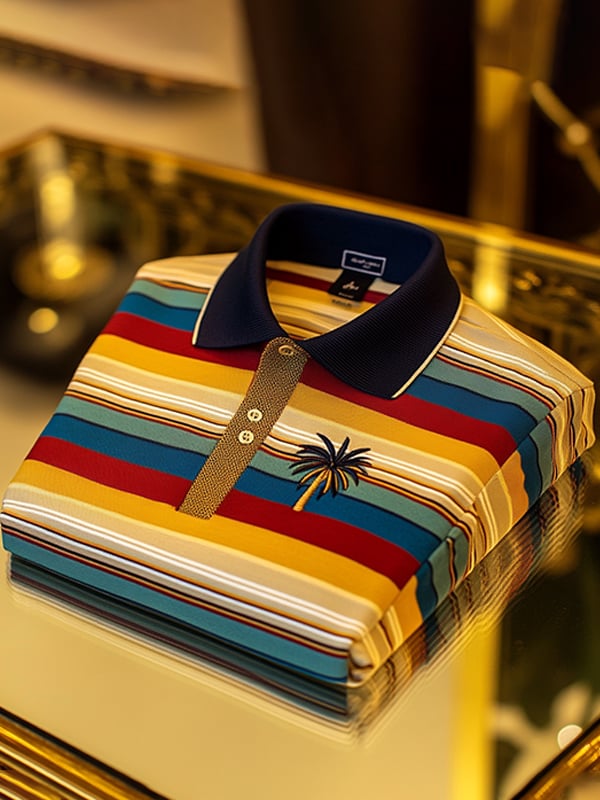 Camisa polo vintage ejecutivo Coconut Tree Logo rayas estampado de manga larga para hombre
