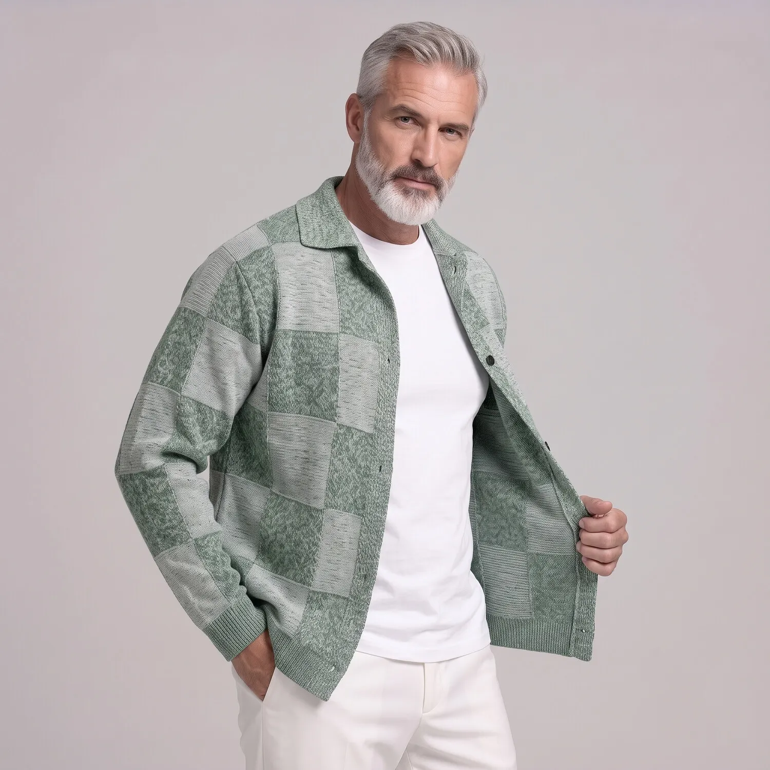 para hombre de moda Plaid Pattern Two-Tone Single Breasted tejidoted Cardigan