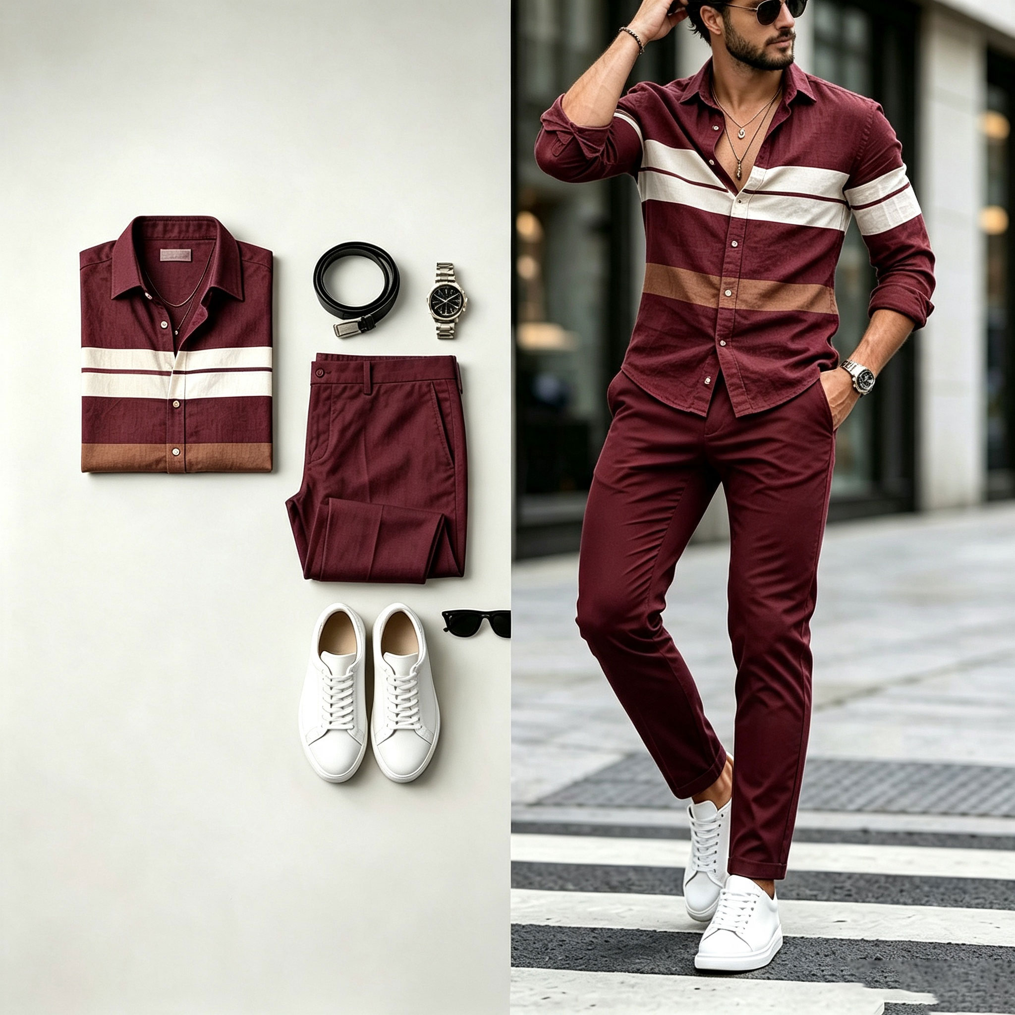 para hombre a rayas Print de manga larga camisa and pantalón Set