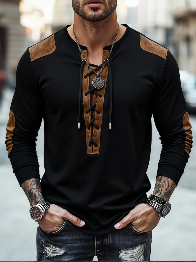 Camiseta vintage gamuza Patchpara trabajo with Tie-Neck Detail para hombre