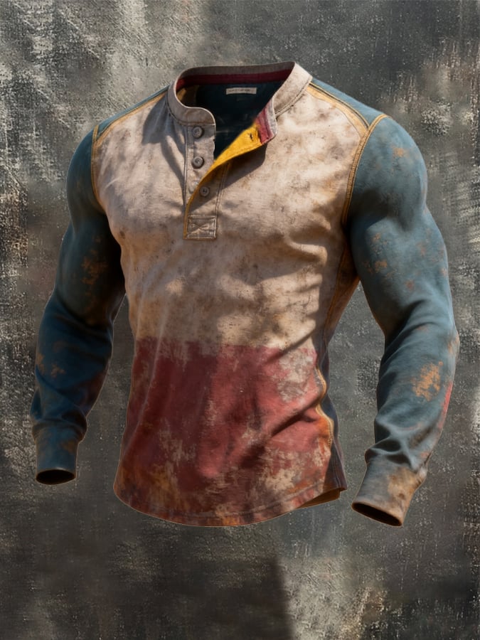 Retro en bloques de color de manga larga Henley para hombre
