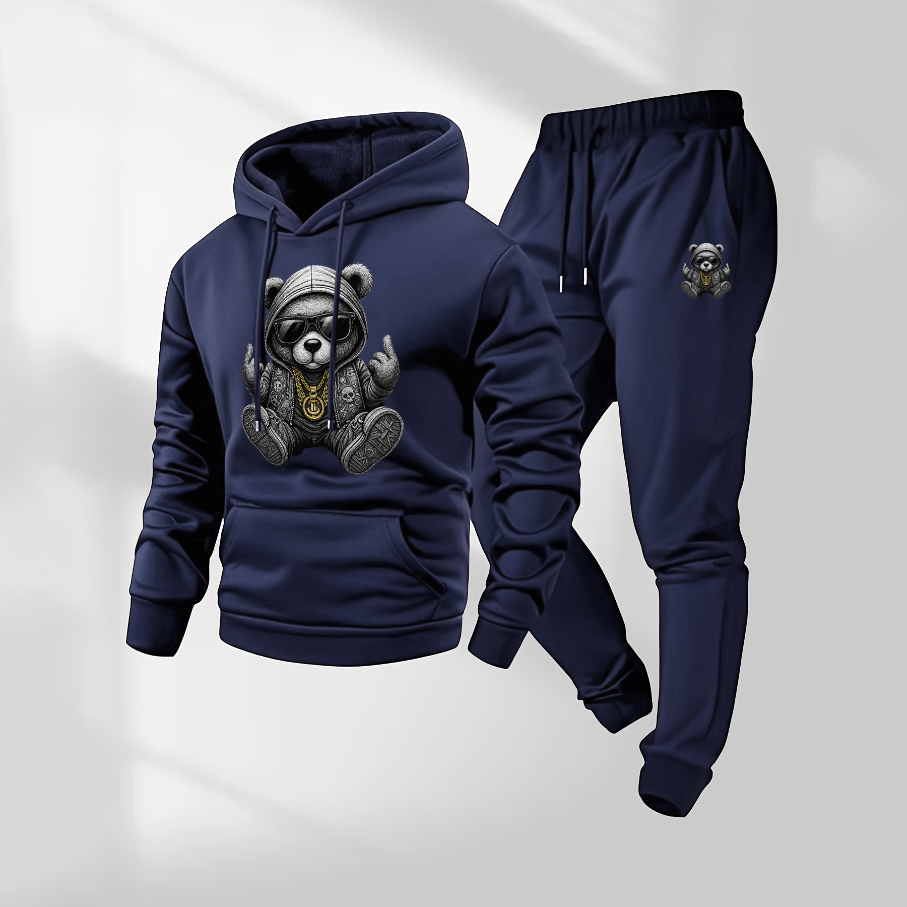 Sudadera con capucha Hip Hop Cartoon Bear Patterned And Drawstring Track pantalón Set, casual Athletic de manga larga Hooded chaqueta And pantalón, Suitable For Fall And Winter, Street Style sudadera con capucha Set, Indoor And para exterior Sportswear, para hombre