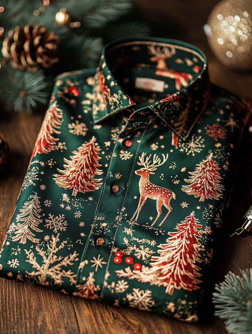 Camisa de lujo Christmas Party de manga larga con botones para hombre