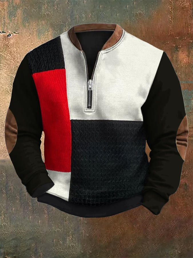 Sudadera retro Mondrian en bloques de color estampado Zip cuello para hombre