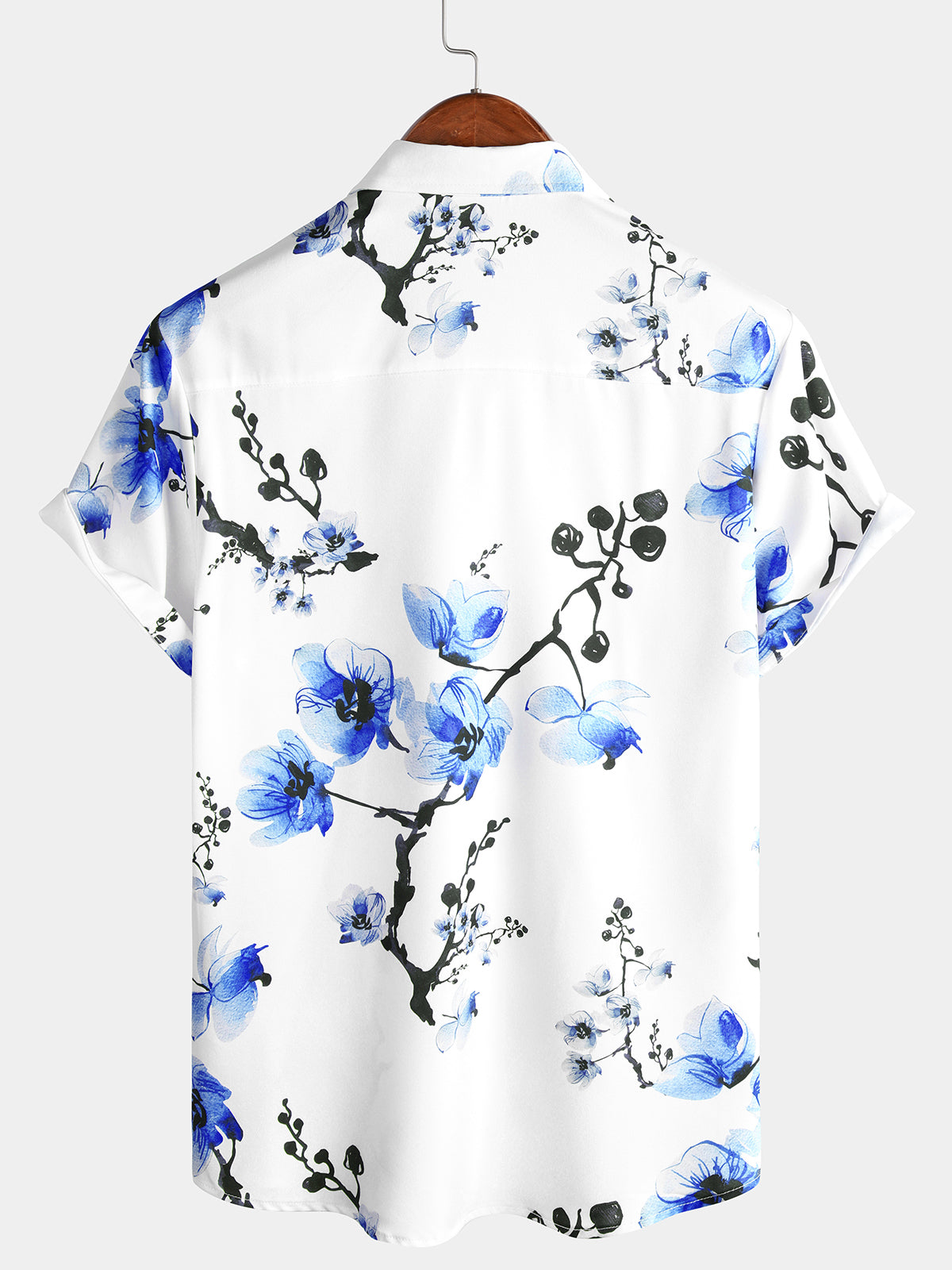 Camisa casual Blue floral estampado Summer Button Up Flower de manga corta Cherry Blossom para hombre