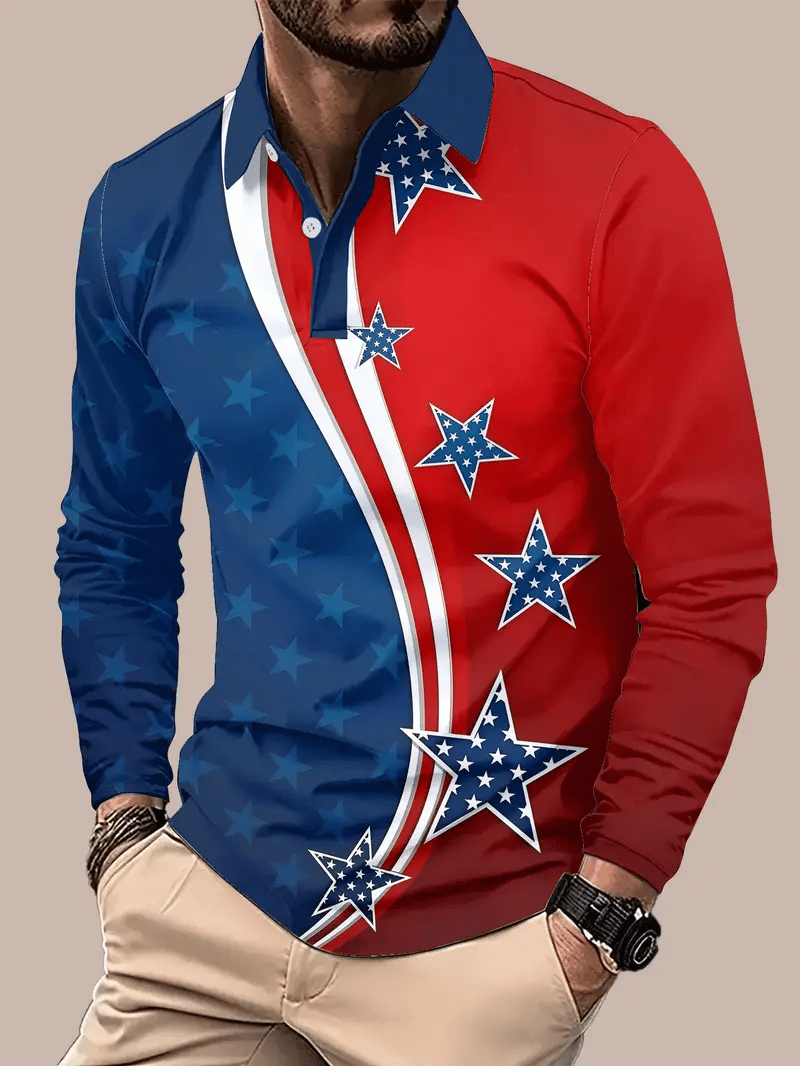 Camisa polo retro ejecutivo rayas estampado de manga larga para hombre