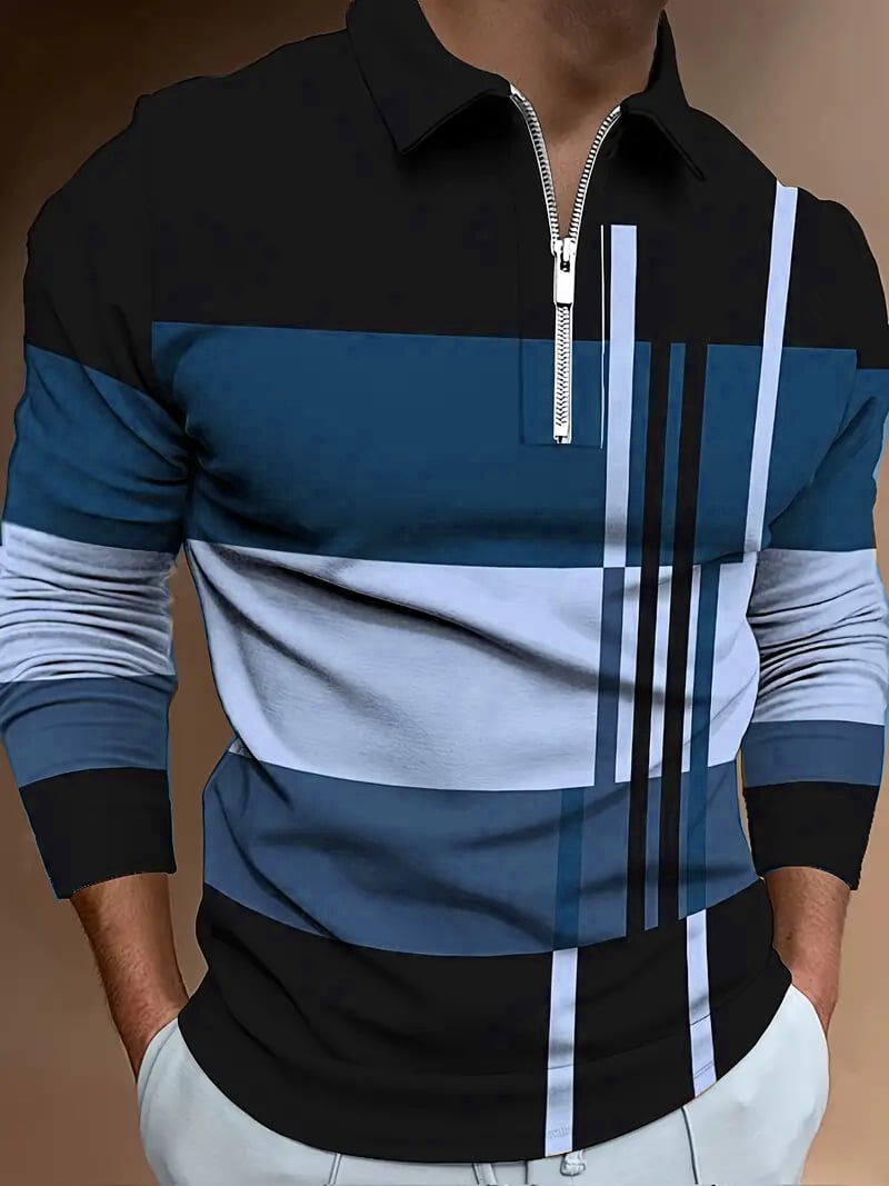 Camisa polo a rayas Luxe cierre Neck de manga larga para hombre