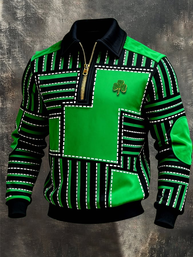 Sudadera (Detachable Shamrock Brooch Included) St. Patrick's Day estampado Color-Block con cierre con gorrasucha para hombre