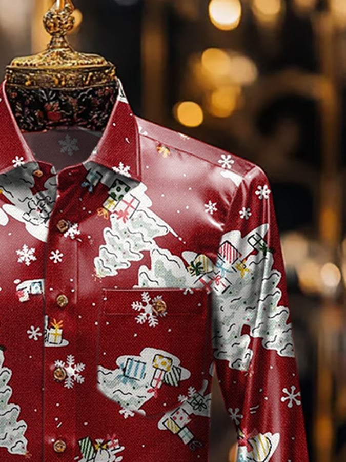De lujo Christmas Contrast estampado de manga larga Pockecamiseta para hombre