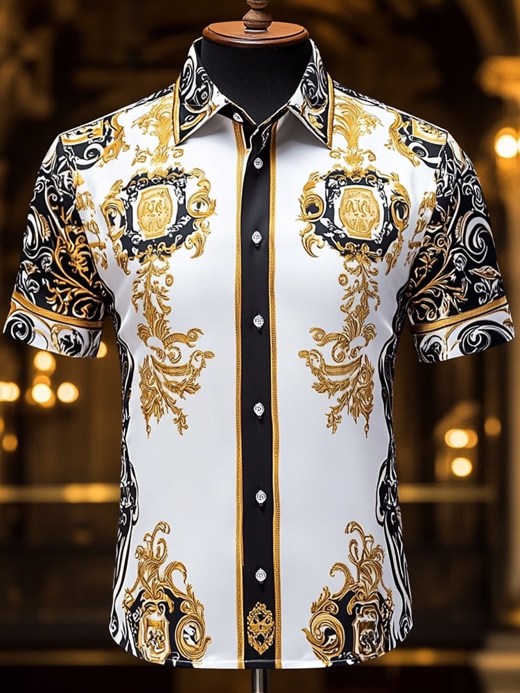 Camisa satén Luxe estampado de manga corta Button para hombre