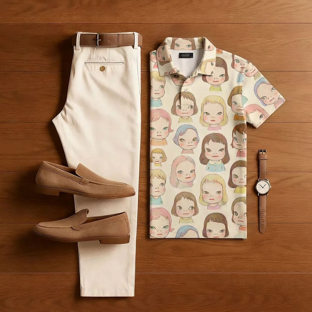 Conjunto de dos piezas casual Apricot Doll estampado de manga corta camisa And Trousers para hombre