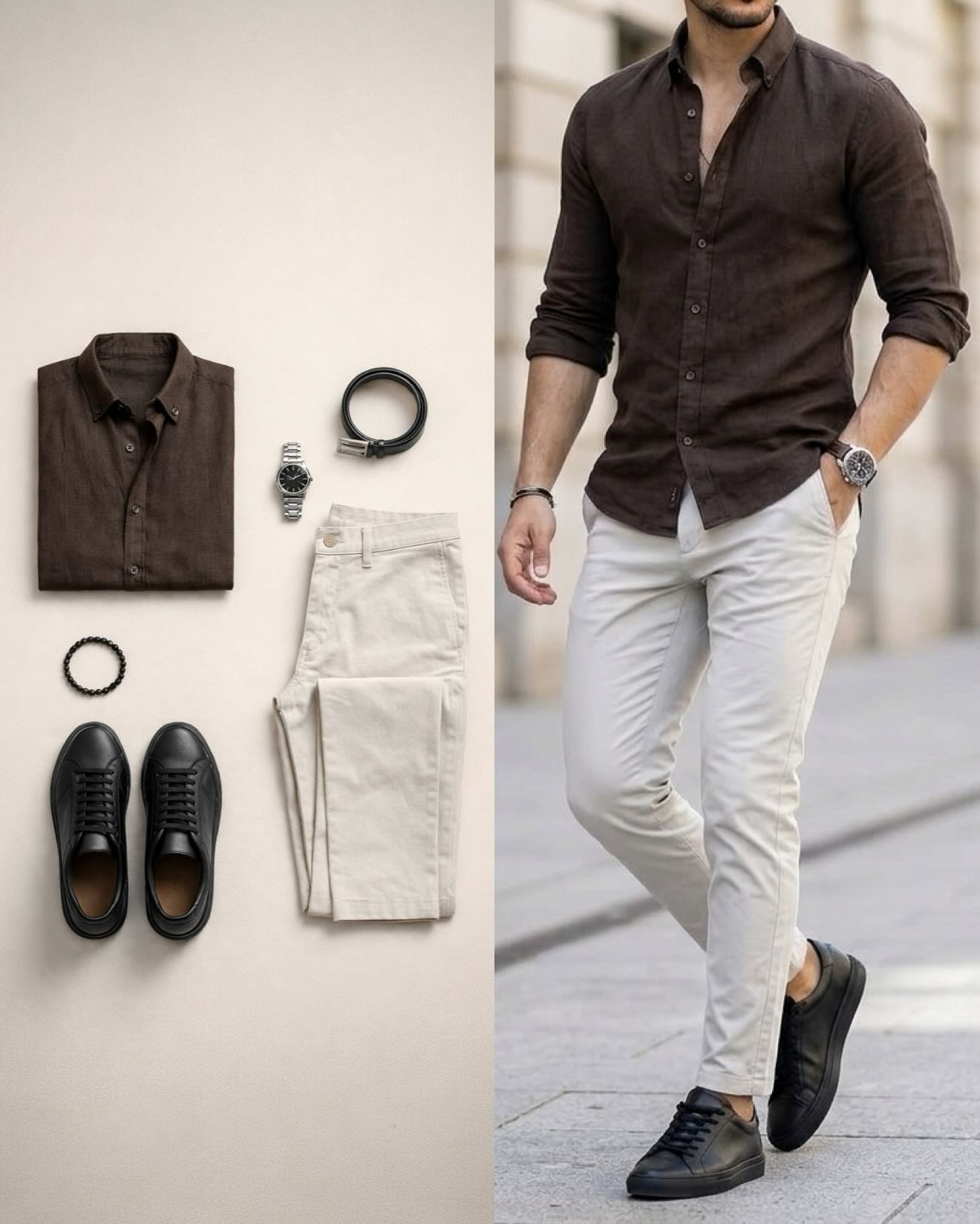 Conjunto de dos piezas ejecutivo casual Dark Brown camisa And Trousers para hombre